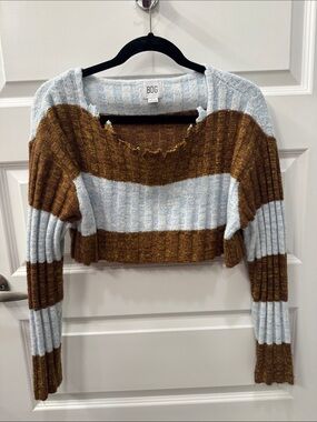BDG Striped Crop Sweater in Light Blue and Brown